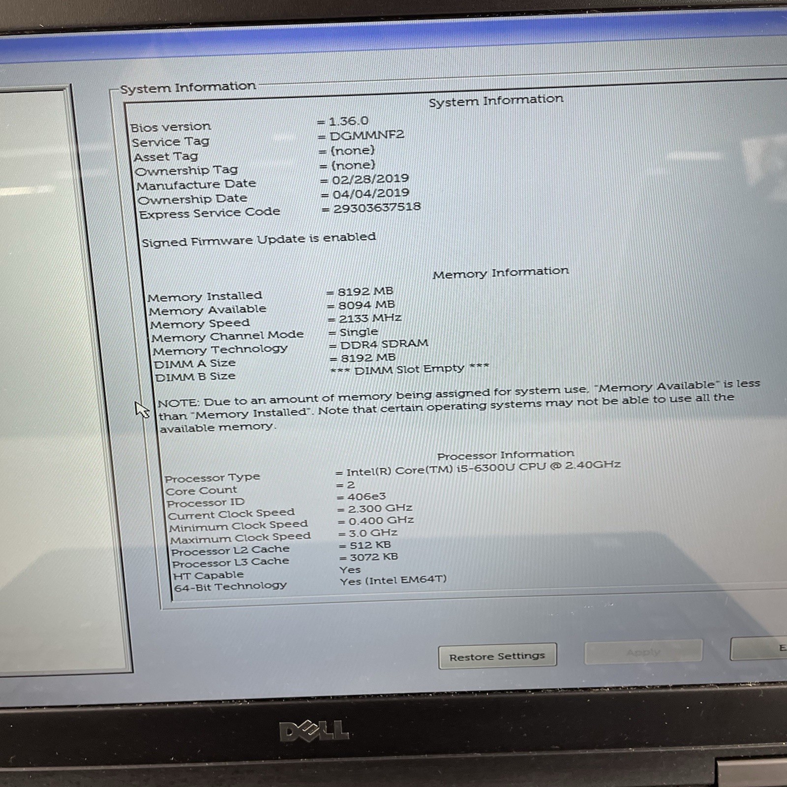 Dell Latitude 5580 15.6″ i5-6300U 2.40 GHz 8 GB RAM No SSD No OS No AC