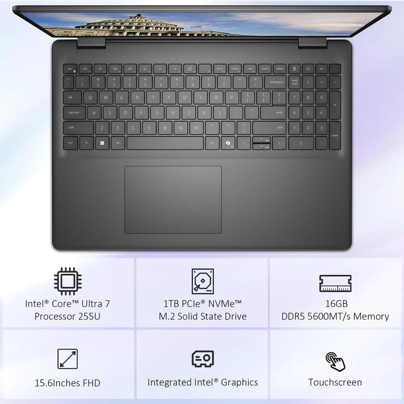 Dell 15.6” FHD Touchscreen Laptop,Intel Ultra 7 255U,16 GB DDR5 RAM, 1 TB SSD