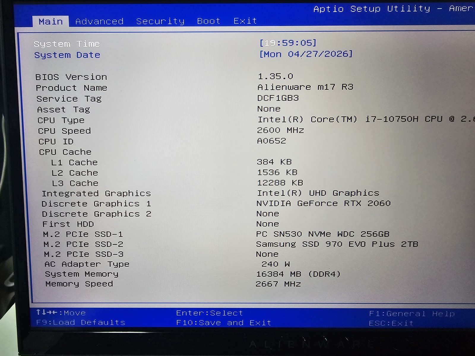 Alienware M17 R3 Laptop 17.3″ i7-10750H RTX 2070 16G Ram 970 EVO PLUS 2TB SSD