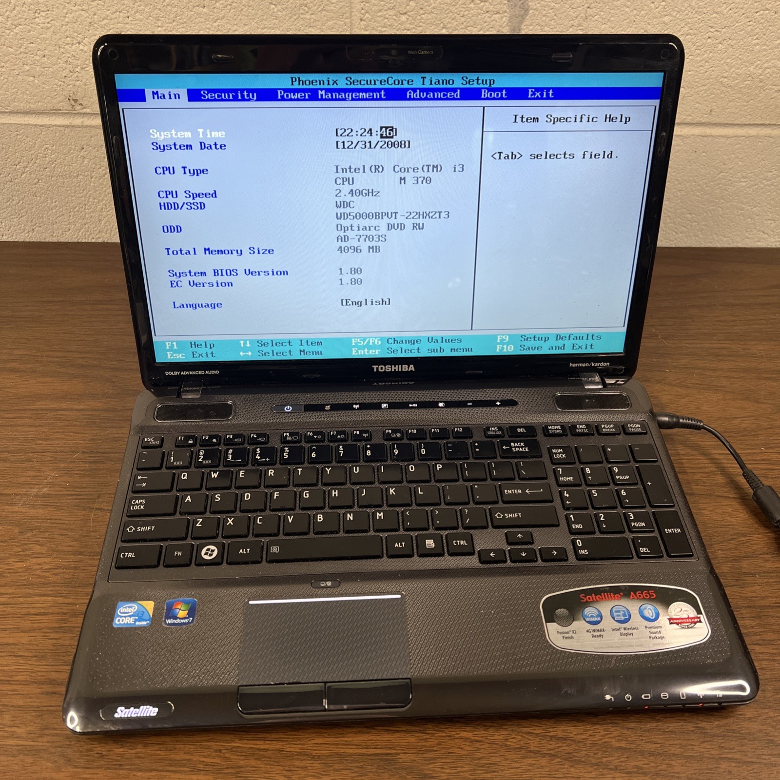 Toshiba Satellite A665 15″ Laptop Intel Core i3 M370 – BOOTS TO BIOS