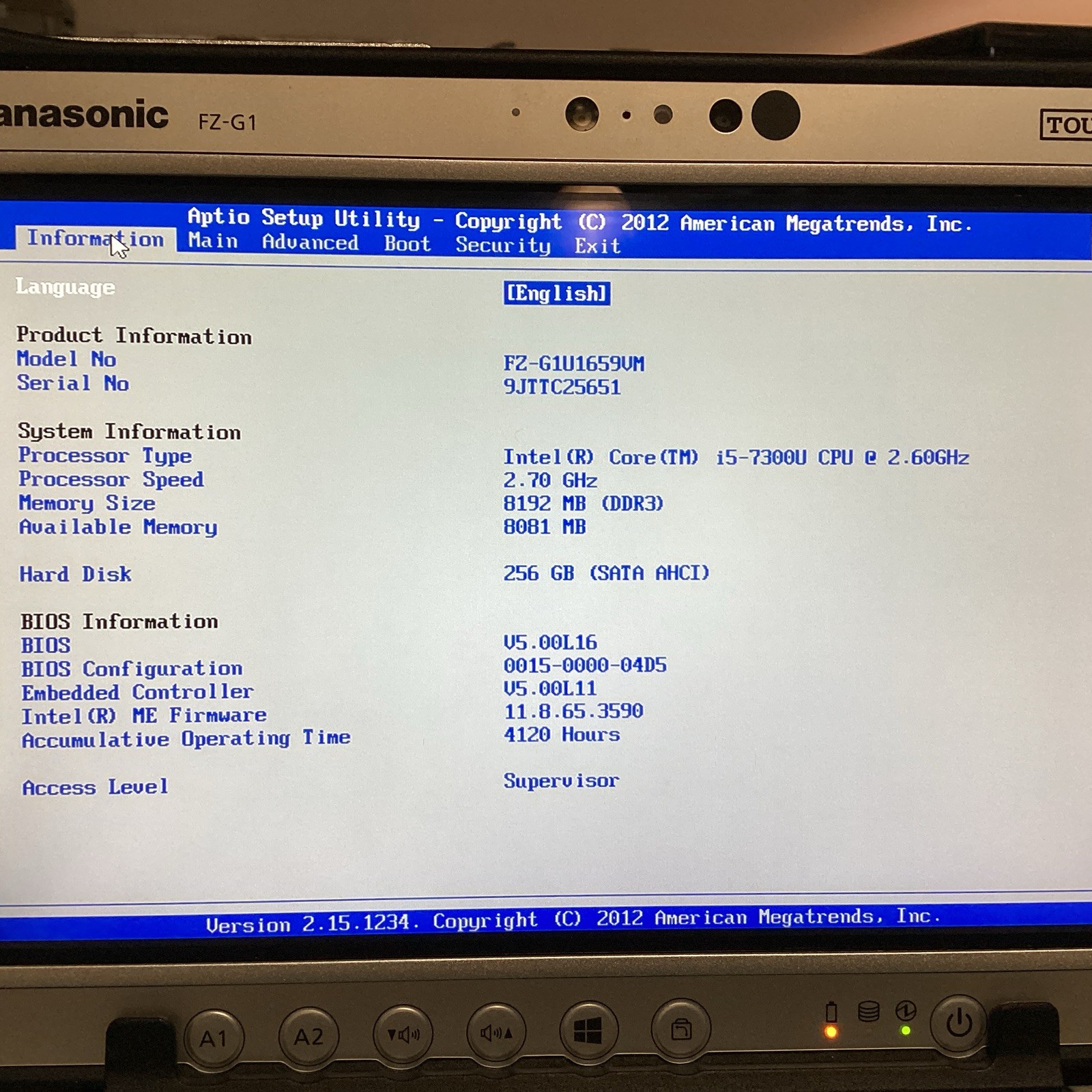 Panasonic Toughpad FZ-G1 MK5 i5 7300U@2.60GHz 8G Ram 256GB SSD W/Keyboard No OS