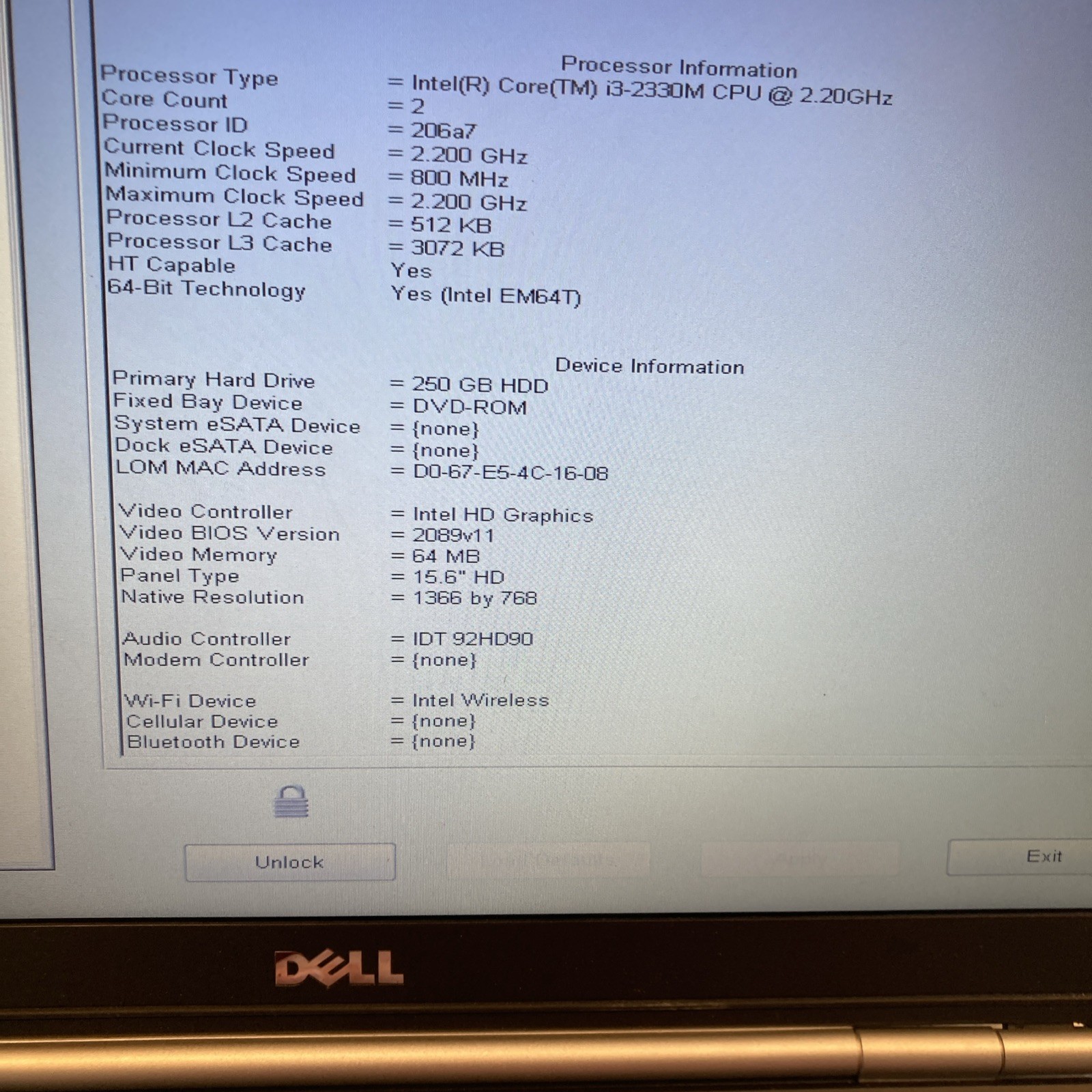 Dell Latitude E5520 Intel i3-2330M 2.2GHz 4 GB 250gb Hdd
