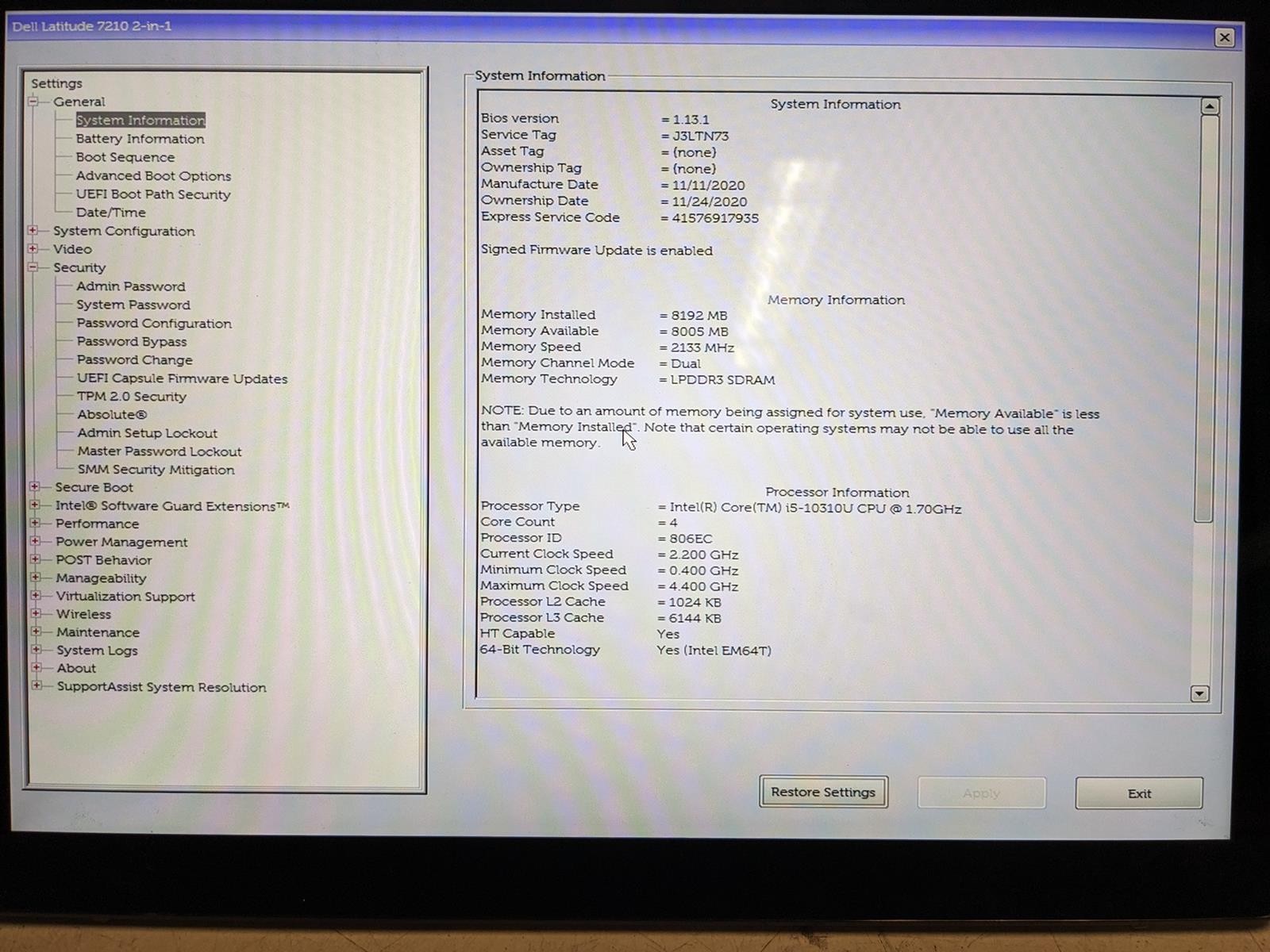 DELL LATITUDE 7210 2-IN-1 i5-10310U @ 1.70GHz, 8GB RAM, NO HDD/OS