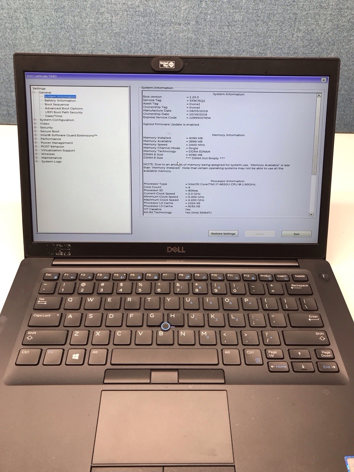 Dell Latitude 7490 i7-8650U 4GB NO SSD, OS, AC Boots to Bios