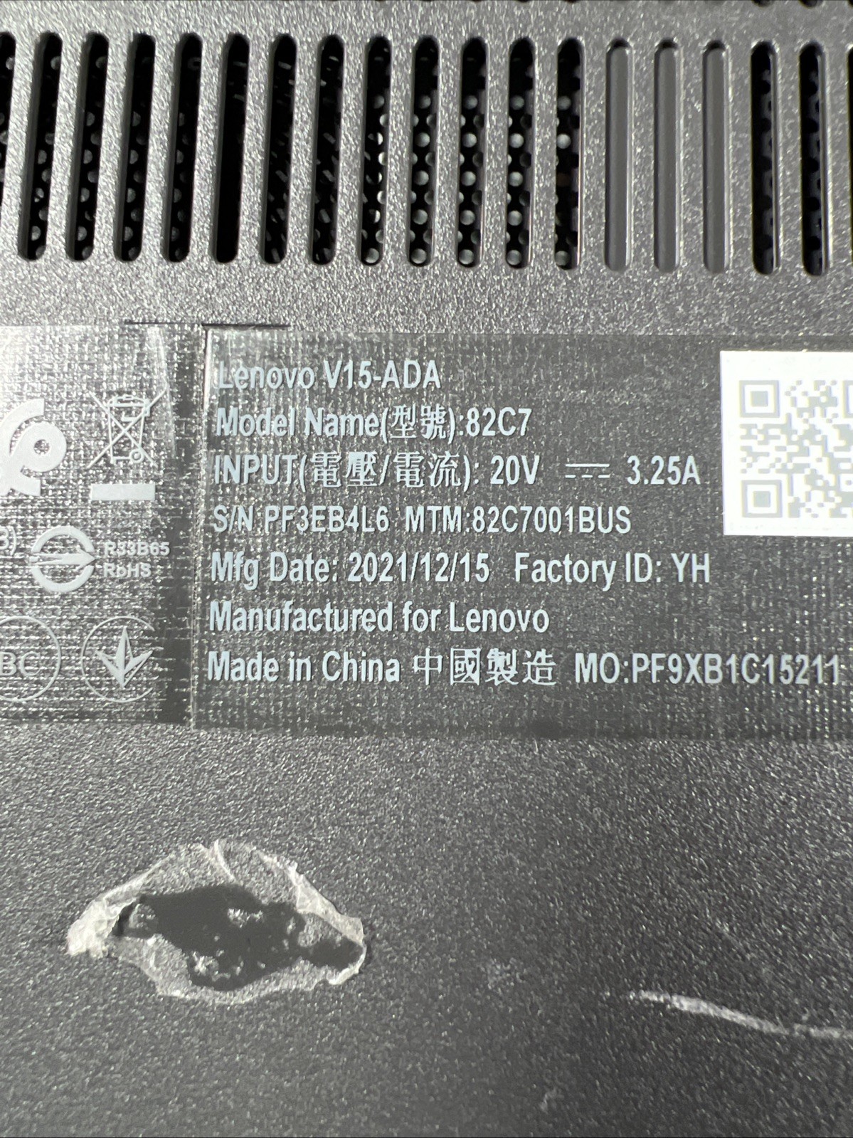 LENOVO V15-ADA AMD ATHLON GOLD 3150U 8GB RAM **NO HD/ NO CADDIE/ NO OS