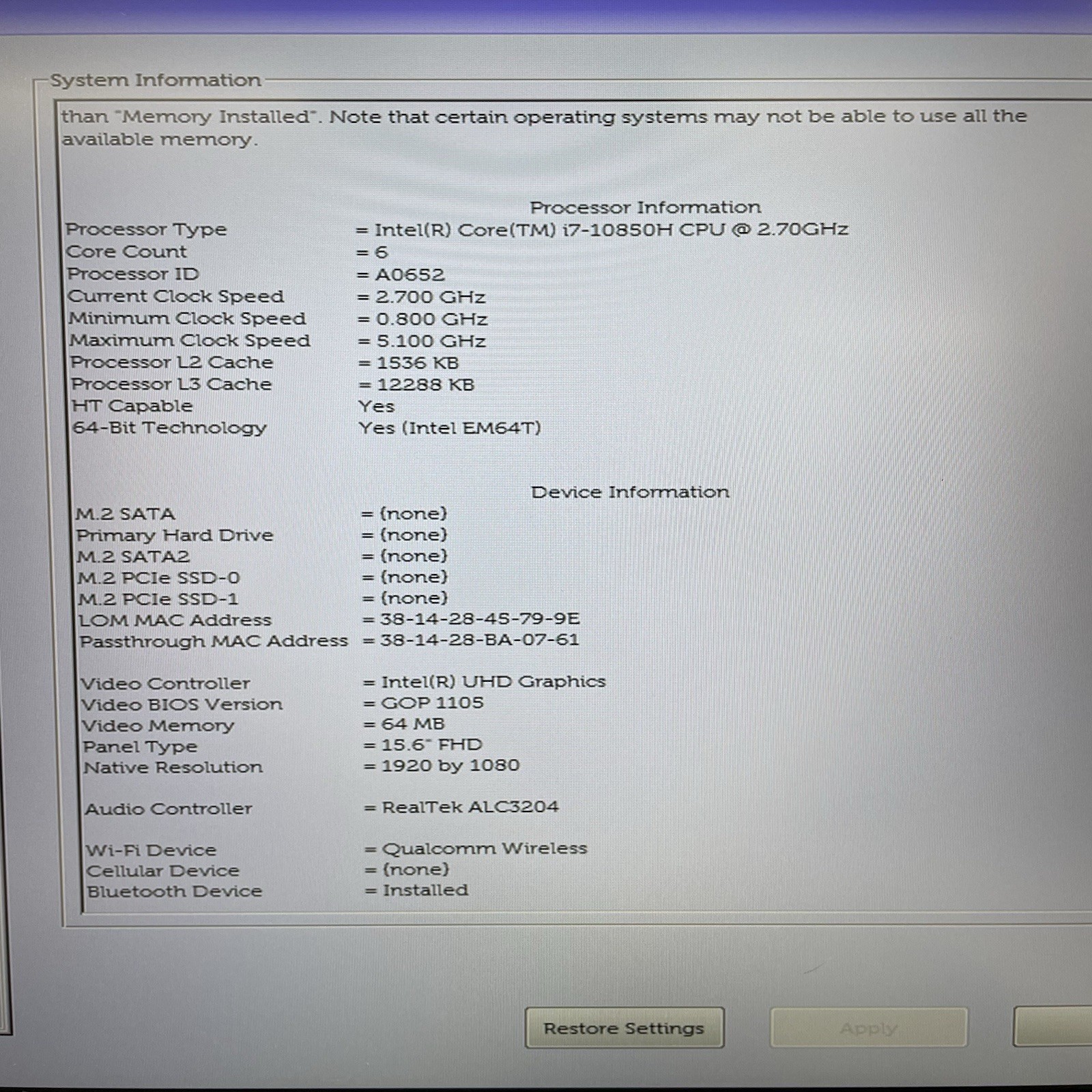 Dell Precision 3551 15.6″ i7-10850H 2.70 GHz 16 GB RAM No SSD/OS/AC/Batt – READ