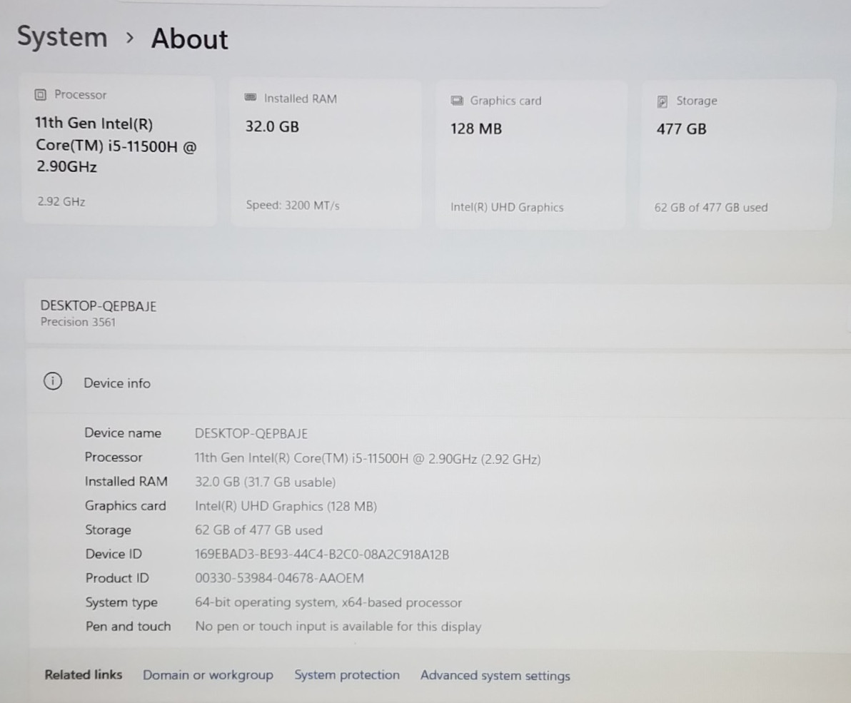 Dell Precision 3561, 15.6″, i5-11500H@2.9GHz, 32GB RAM, 512GB NVMe, Windows 11