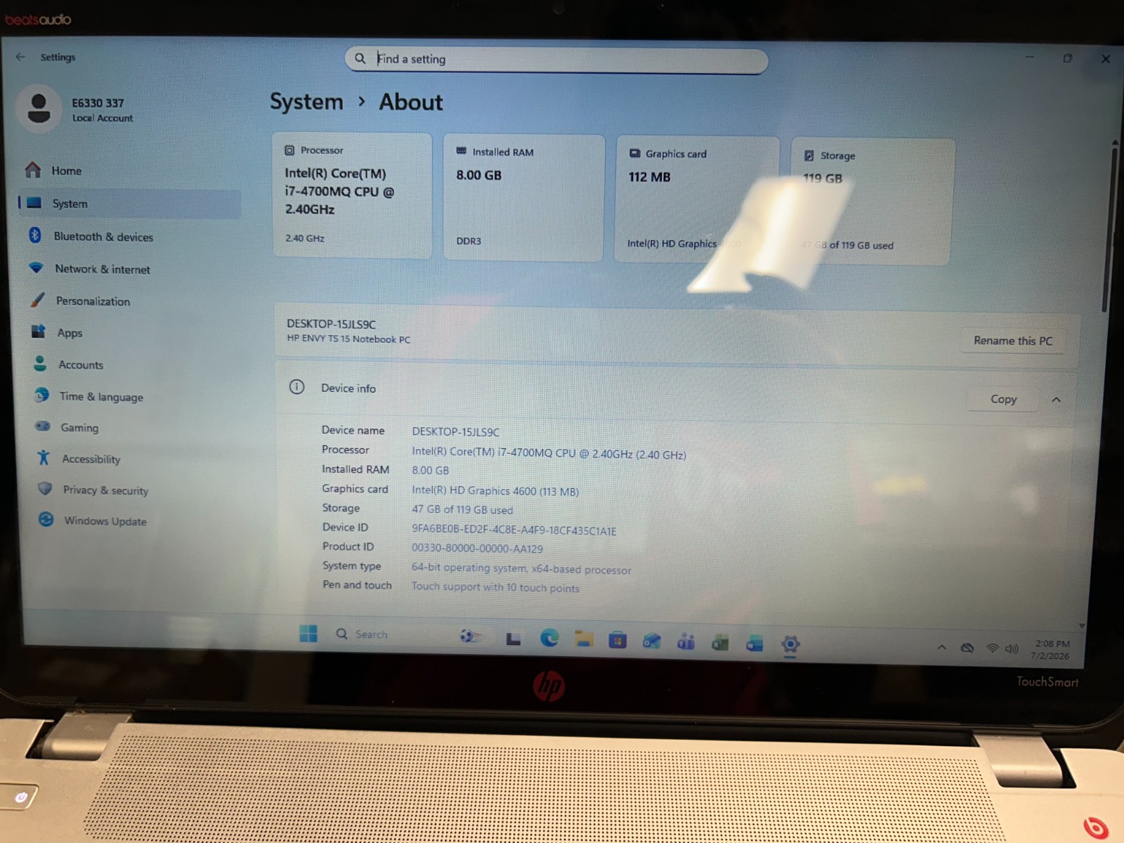 HP Envy 15 Touch i7-4700MQ 8GB 128GB SSD Win11 Pro Office 2021 Beats Audio