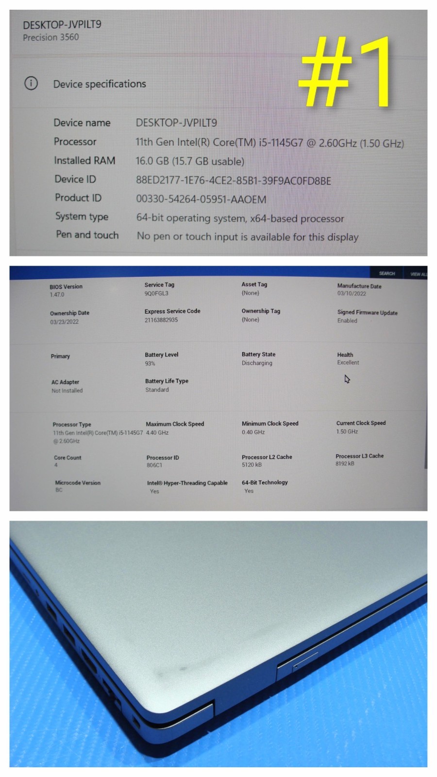Dell Precision 3560 15.6″FHD i5-1145G7 2.6GHz 16GB 512GB T500 Win 11P +Charger