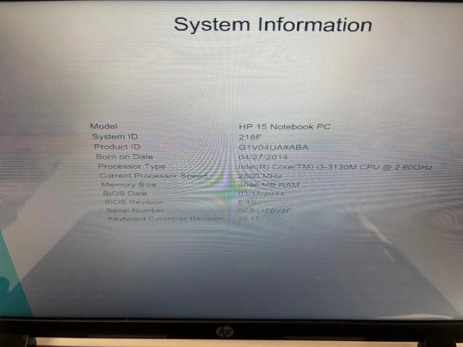 HP 15 NOTEBOOK PC I3-3130M 2.60 GHz 4Gb NO HDD NO CHARGER
