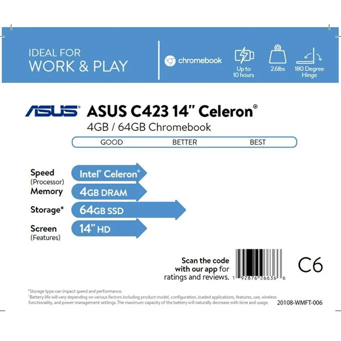New ASUS C423 Chromebook 14″ Intel Celeron N3350 4GB RAM 64GB eMMC Notebook