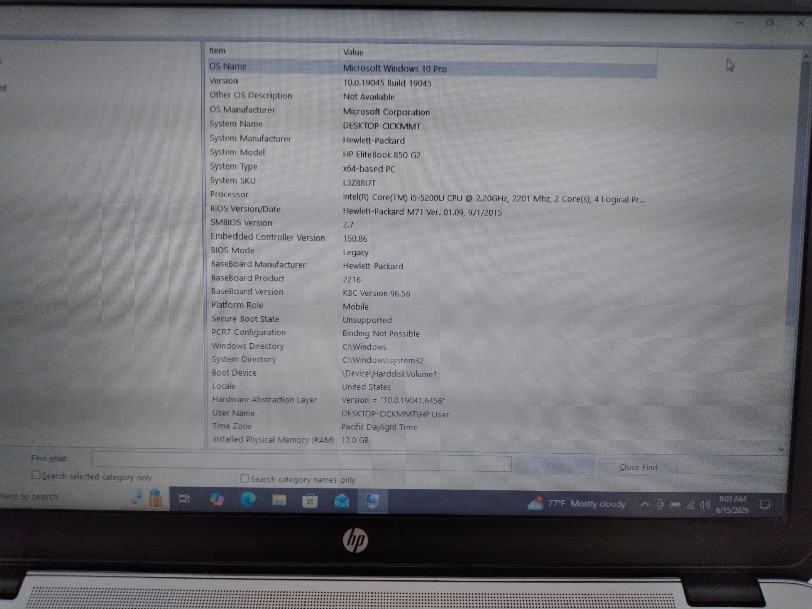 HP ELITEBOOK 850 G2 15.6″ CORE i5-5200U@2.20GHz 12GB RAM 500GB HDD Win 10 Pro