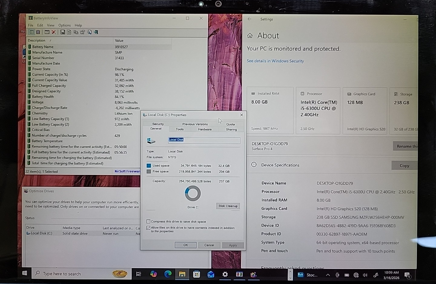 Microsoft Surface Pro 4, Intel Core i5-6300U @ 2.4GHz, 8GB RAM, 256GB SSD, W10P