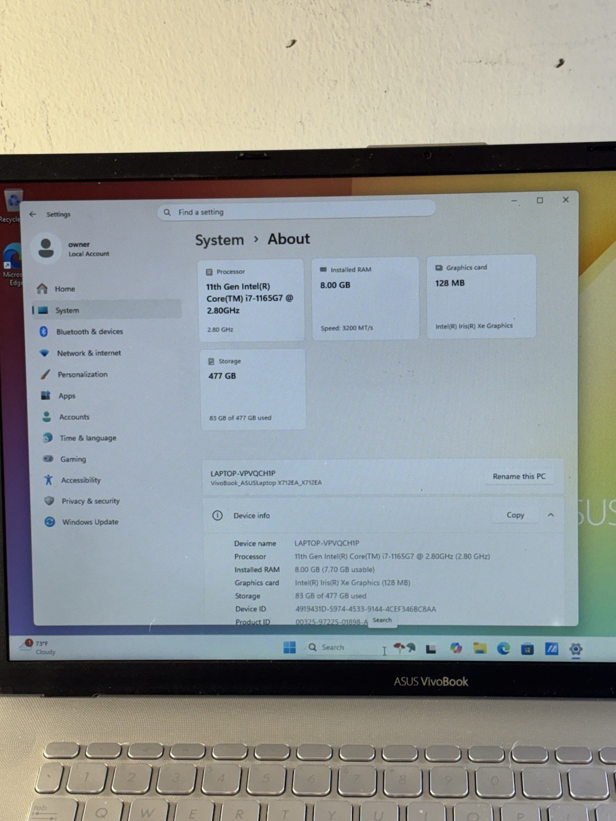 ASUS VivoBook X712A 17.3″ Intel Core i7 1165G7 @ 2.80 GHz 512GB SSD. 8GB RAM,