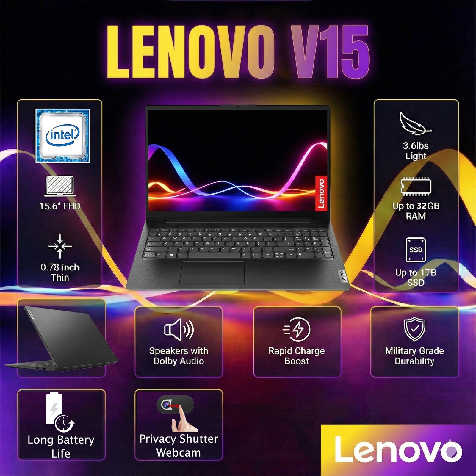 Lenovo V15 G2 Laptop 15.6″ – Intel Celeron N4500, 32GB RAM, 1TB Pcie SSD Win 11