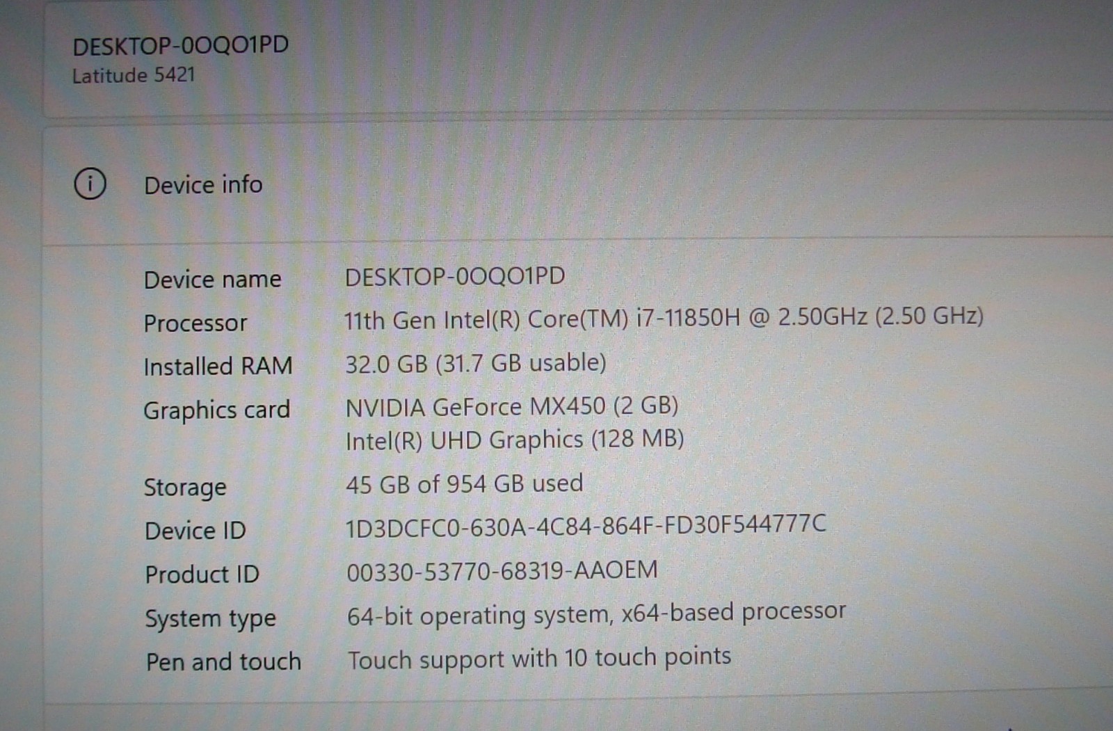 Dell Latitude 5421 14″FHD TOUCH vPRO i7-11850H 2.5GHz 32GB 1TB MX450 2GB W11Pro