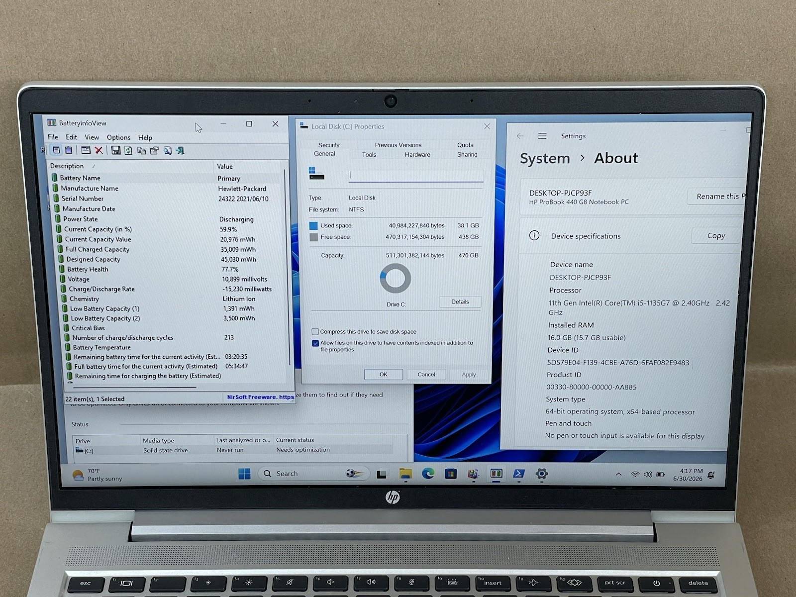 HP ProBook 440 G8 14″ i5-1135G7 @ 2.40GHz 16GB RAM 512GB SSD Win11 Pro *READ*