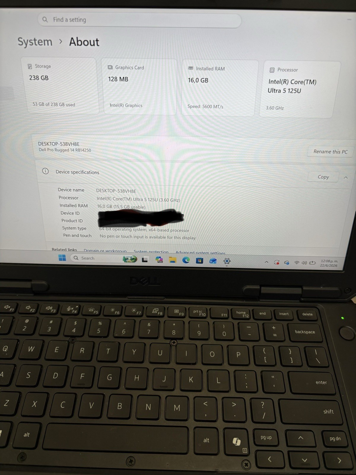 Dell Pro Rugged 14 RB14250 FHD 3.6 GHz Ultra 5 125U 16GB 256GB SSD