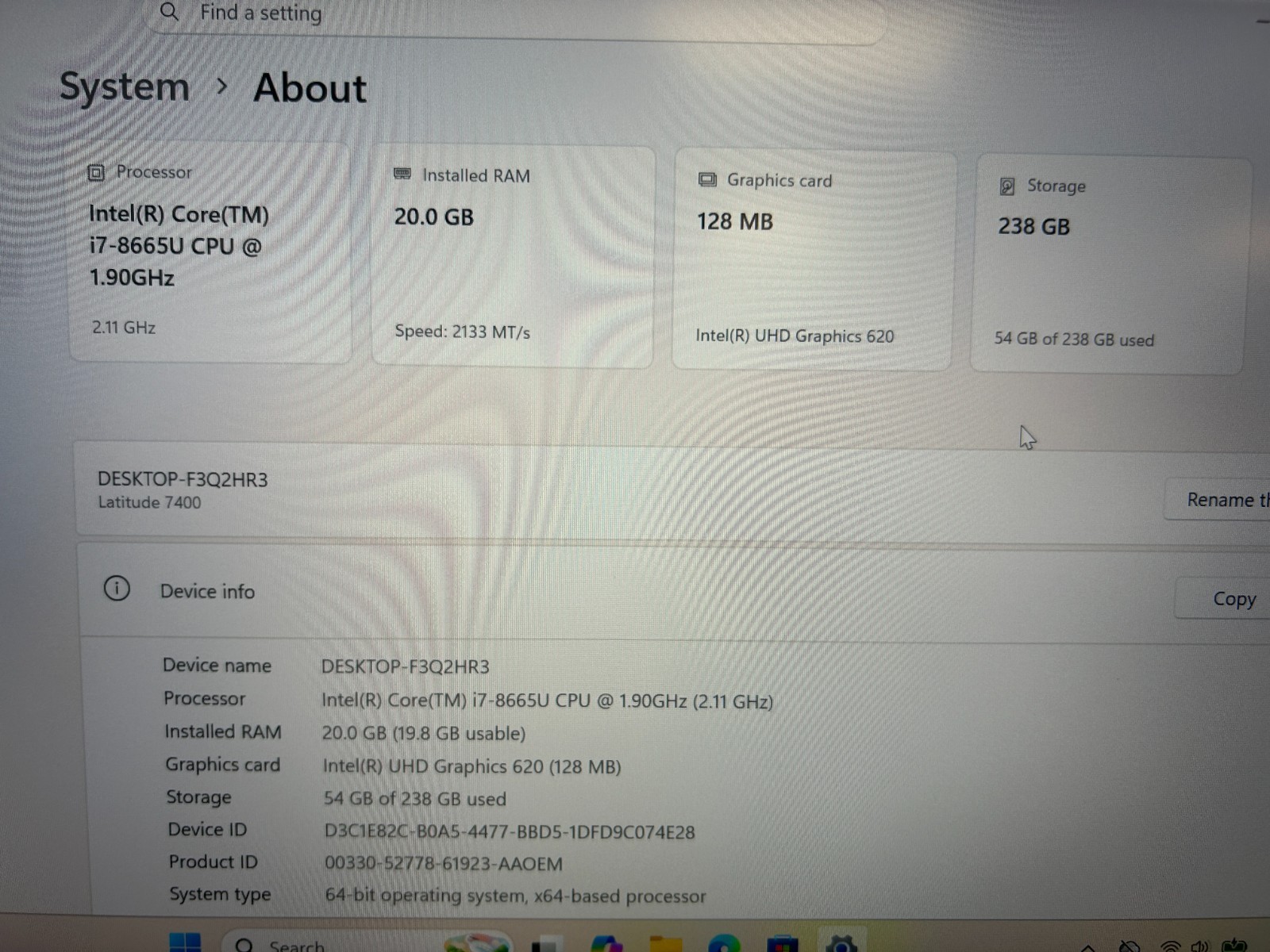 DELL LATITUDE 7400, Intel Core i7-8665U, 1.90 GHz, 20 GB RAM, 256 GB M.2
