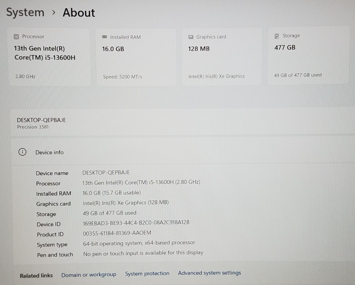 Dell Precision 3581, 15.6″, i5-13600H@2.8GHz, 16GB DDR5, 512GB NVMe, Windows 11