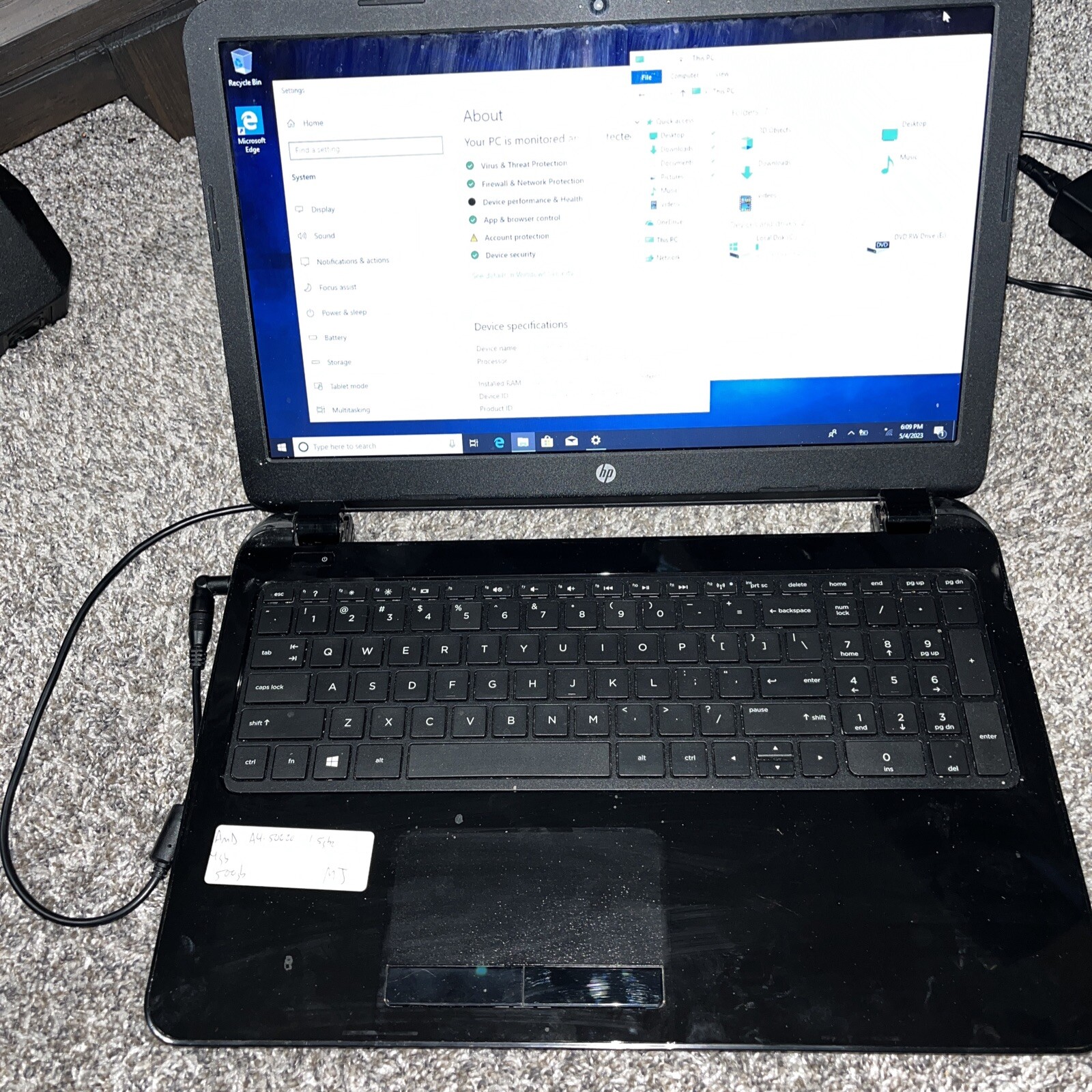 hp pavilion 15 laptop AMD A4 1.5GHz 4GB 500GB Windows 10 Home Needs Battery
