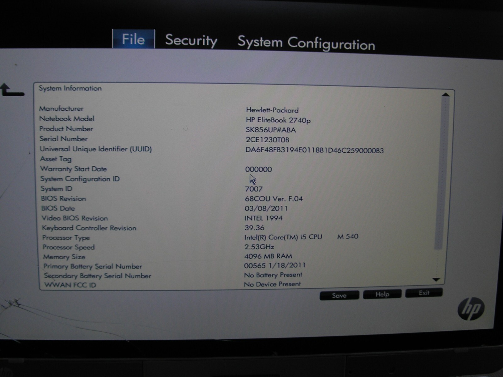 HP EliteBook 2740p Laptop 12″ i5 M540 @2.53 Ghz 64 bit 4gb Ram and No hard drive