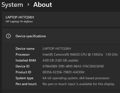 HP 14″ Laptop – Intel Celeron N4020, 4GB RAM, 64GB SSD/eMMC, Windows, Charger &