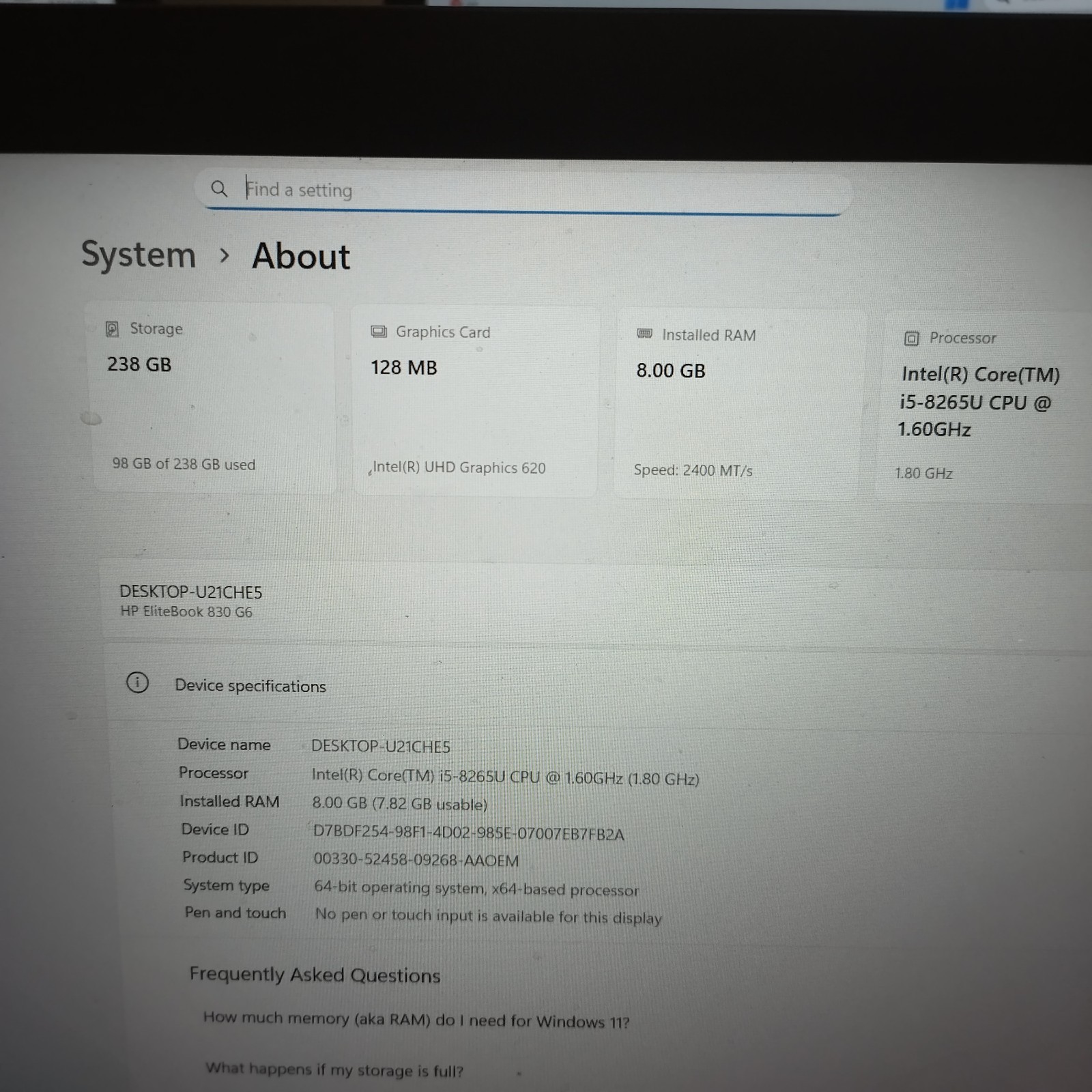 HP EliteBook 830 G6 Laptop i5-8265U 1.6GHz 8GB 256GB SSD Win11 Pro
