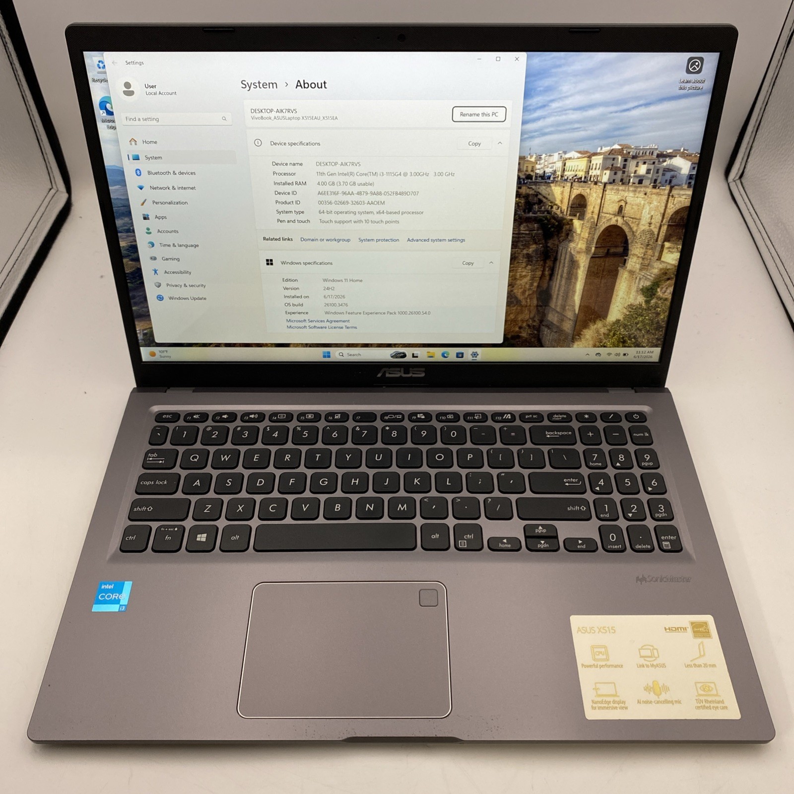 ASUS Notebook PC X515J Touch Intel i3-1115G4 @ 1.20GHZ 4GB RAM 256GB NVMe W11H