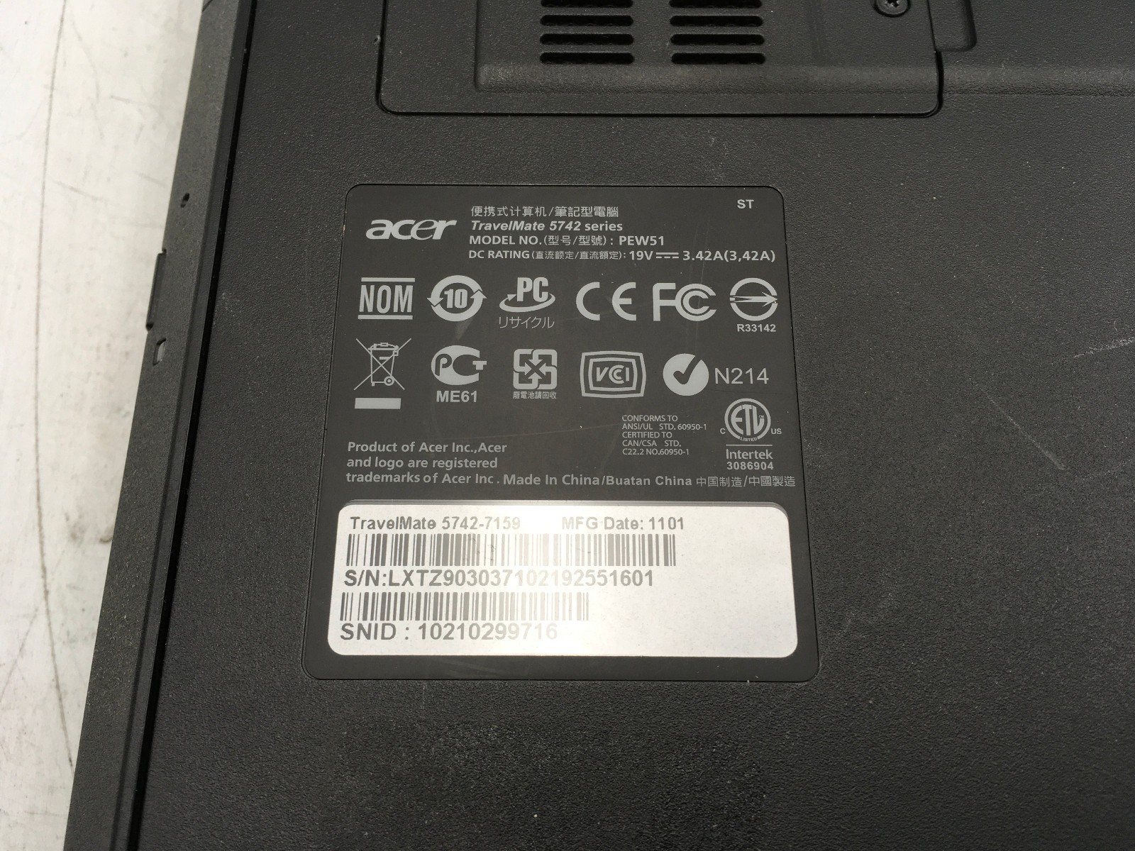 ACER TRAVELMATE 5742 7159 – FOR PARTS/NO POWER – Intel Core i3 380M – 4GB RAM-BB