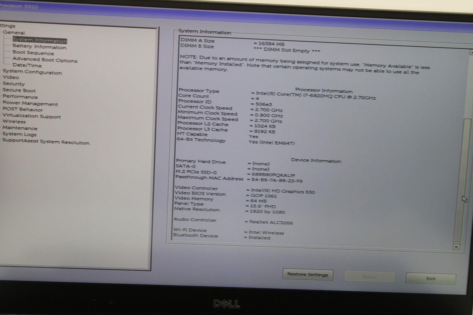 Dell Precision 5510 i7-6820HQ @ 2.7 GHz 16GB RAM 256GB SSD NVIDIA M1000M No OS