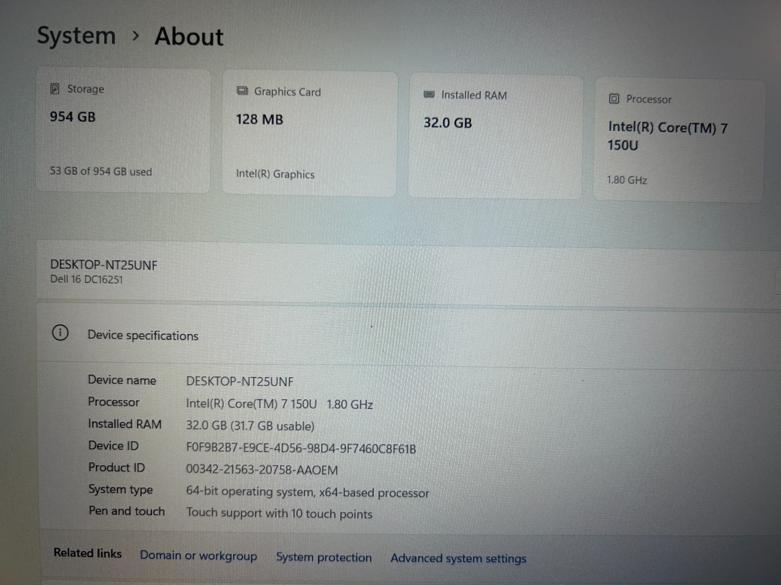DELL 16 DC16251 F5J3K, Intel Core 7 150U, 1.80 GHz, 32 GB RAM, 1 TB NVMe SSD