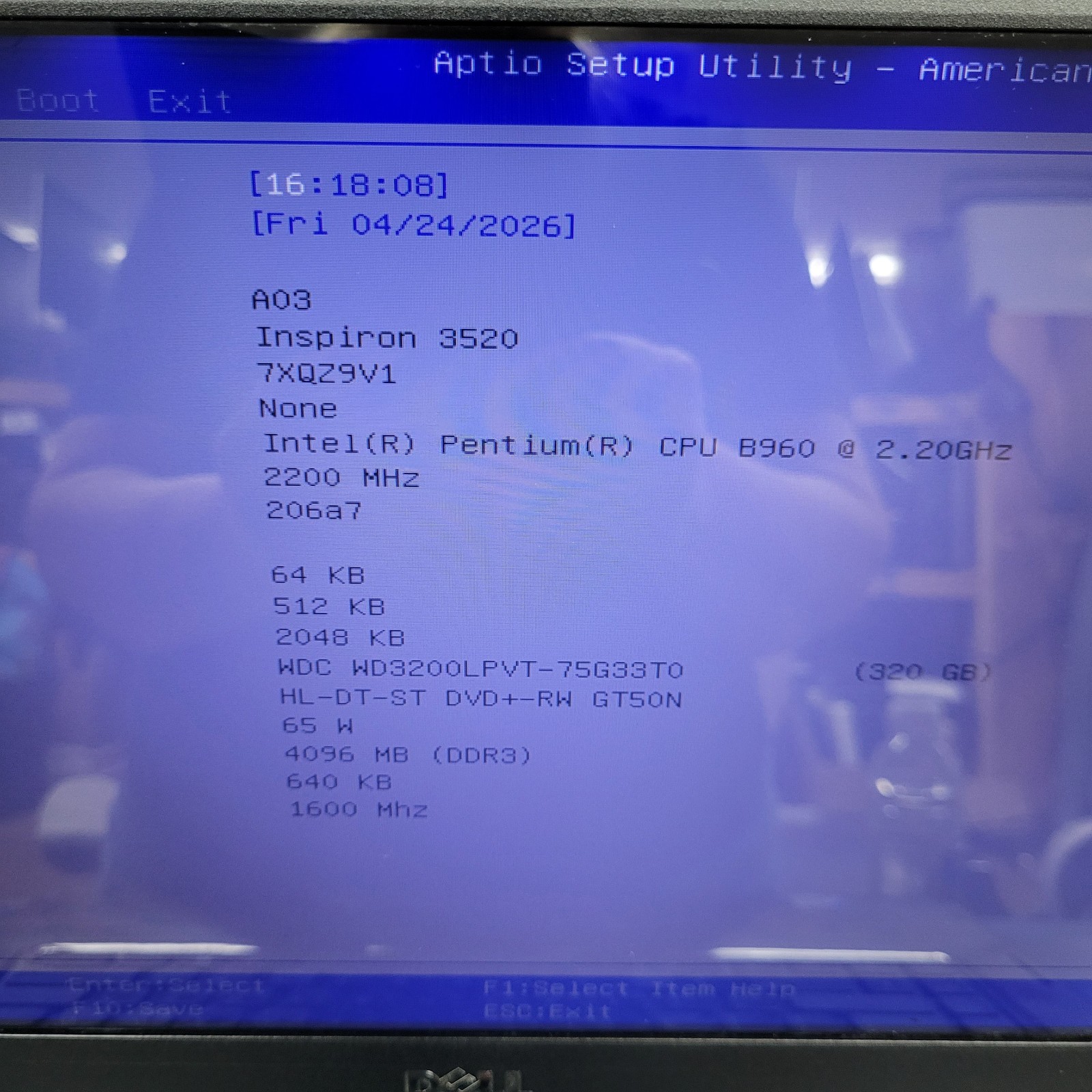 Dell Inspiron 3520 Intel Pentium B960 4GB RAM 320 GB HDD Windows 10 Home