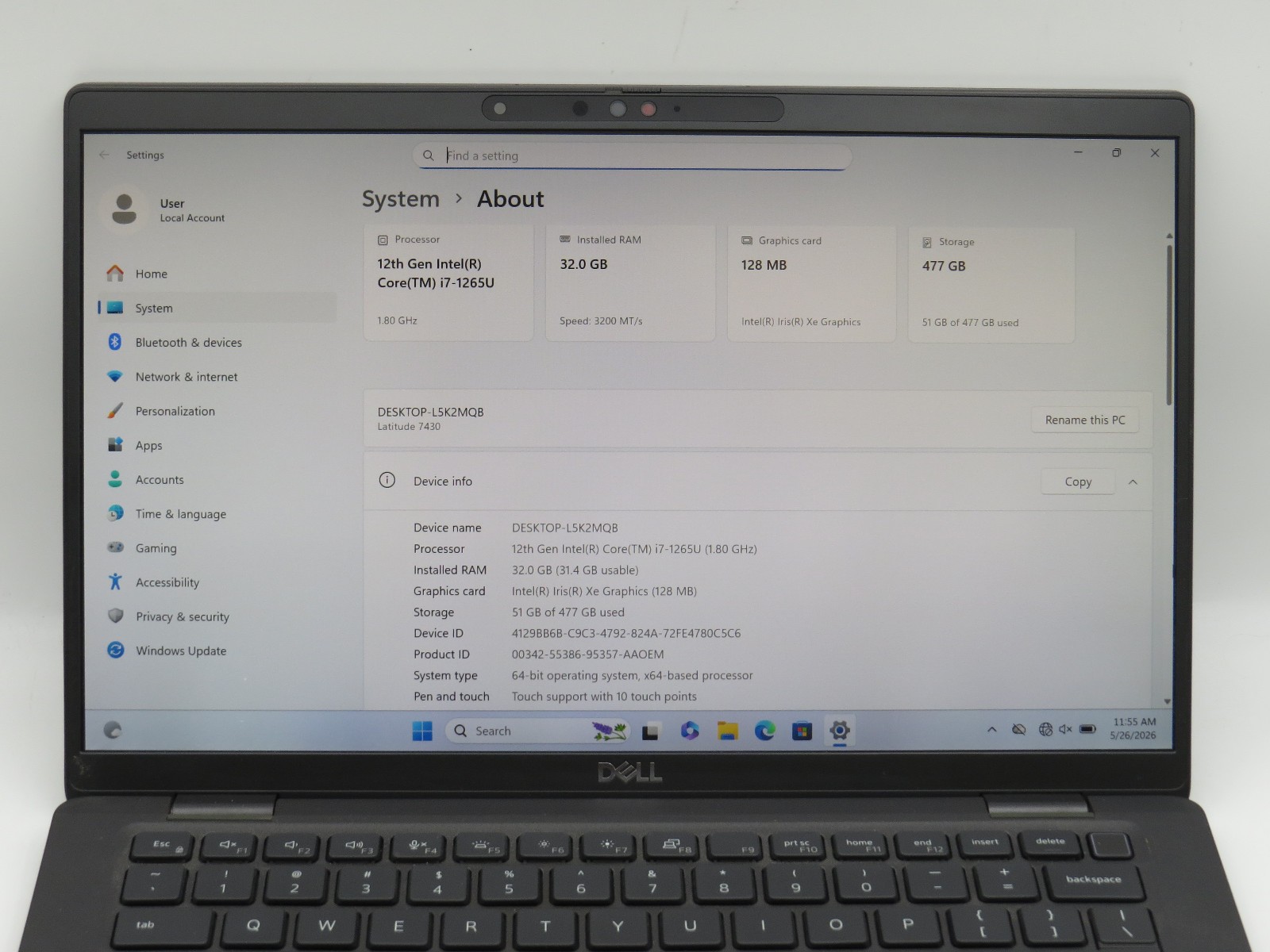 Dell Latitude 7430 i7-1265U @ 1.8GHz 32GB / 512GB m2 14″ Touch Win11
