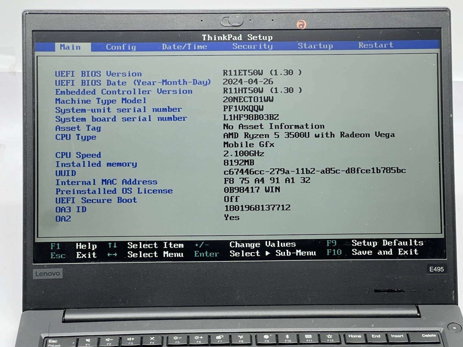 Lenovo ThinkPad E495, AMD Ryzen 5 3500U, 2.1GHz, 8GB RAM-No HDD/OS/Adapter