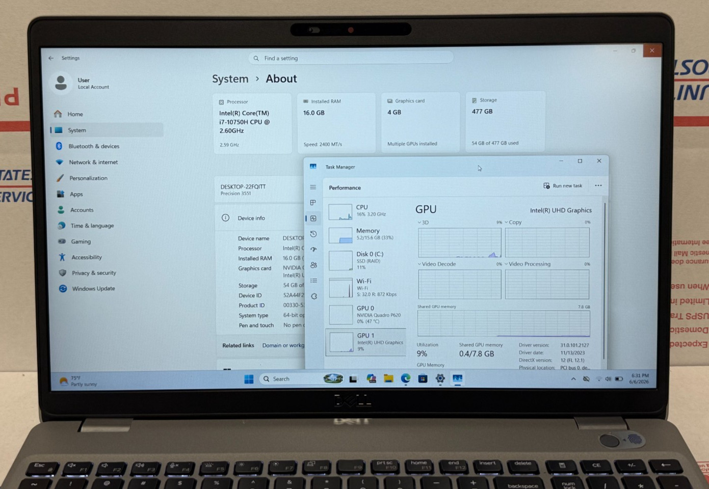 Dell Precision 3551 15.6″ Laptop i7-10750H 16GB RAM 512GB SSD Quadro P620 Win11P