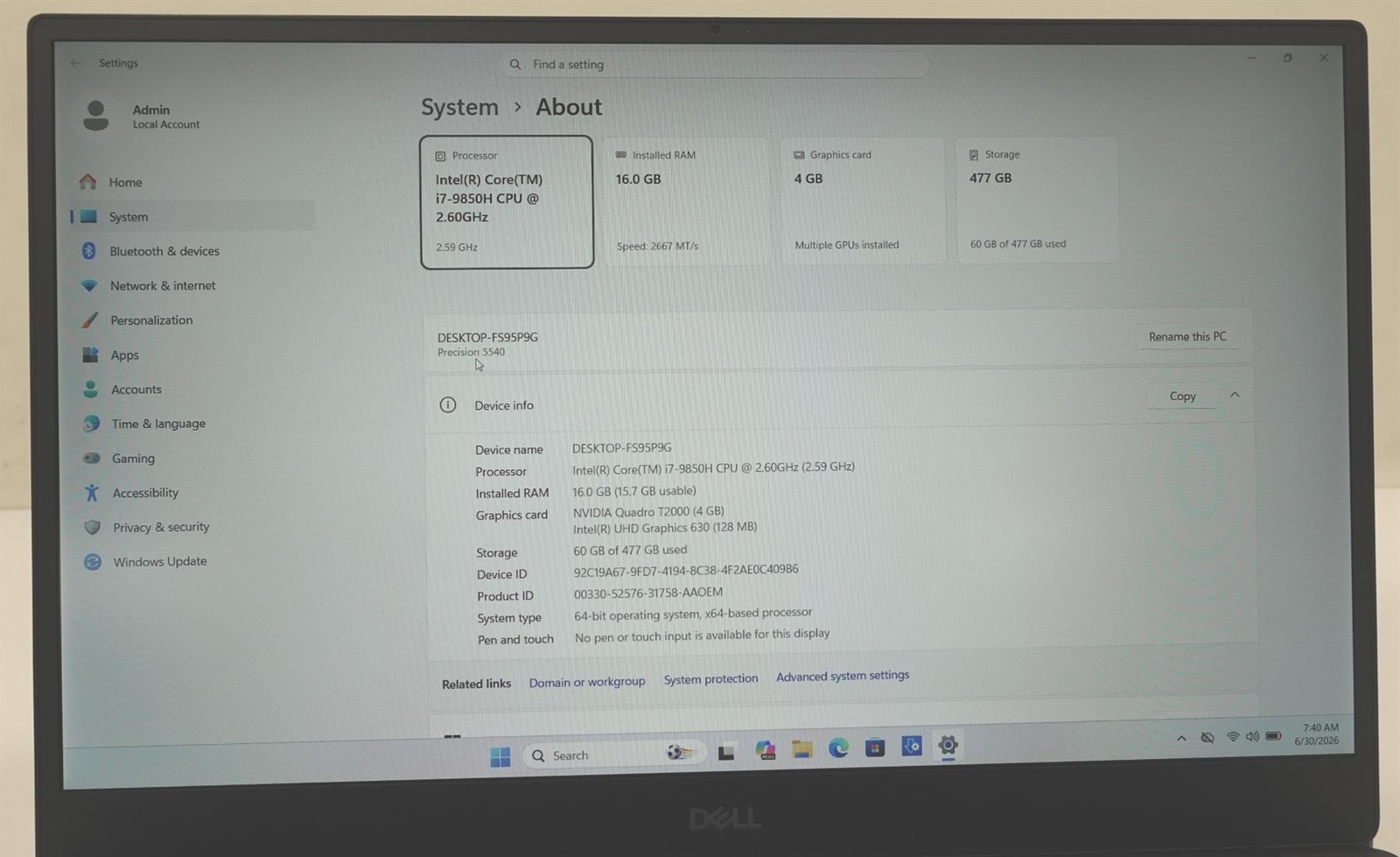 Dell Precision 5540 15.6″ Core i7-9850H 2.60GHz 16GB 512GB SSD Laptop