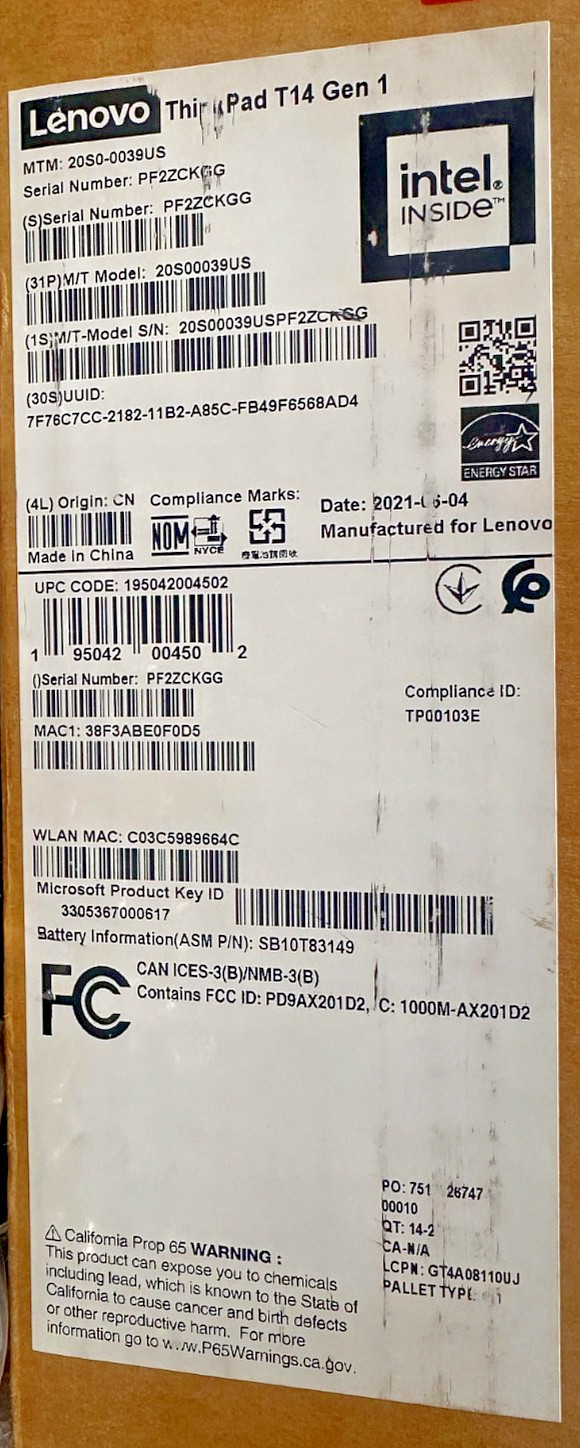 Lenovo ThinkPad T14 Gen1 i5-10210U 16GB 256GB BT5 WiFi6 14F W10P 20S00039US !!!!