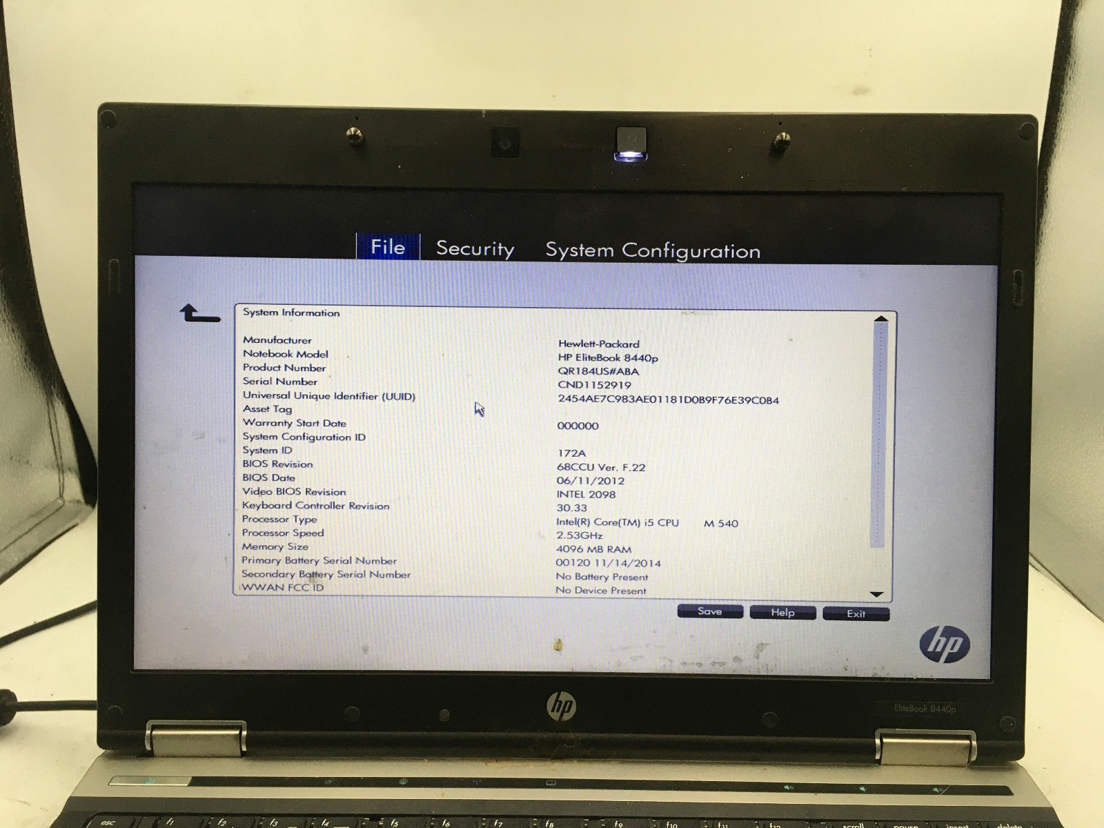 HP ELITEBOOK 8440P – BOOTS TO BIOS – INTEL I5 M540 – 4GB RAM – 14″ -READ DESC-BB