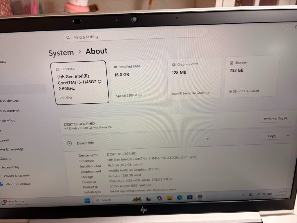HP EliteBook 840 G8 14″ Laptop Intel i5-1145G7 16GB RAM 256GB SSD Windows 11 Pro