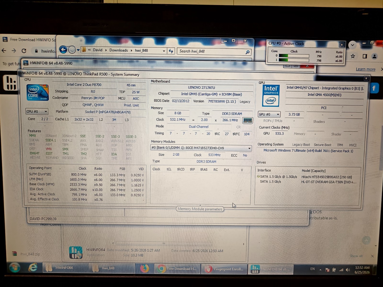 Lenovo R500 Widescreen Laptop Intel P8700 CPU, 8GB Ram, 250GB HDD