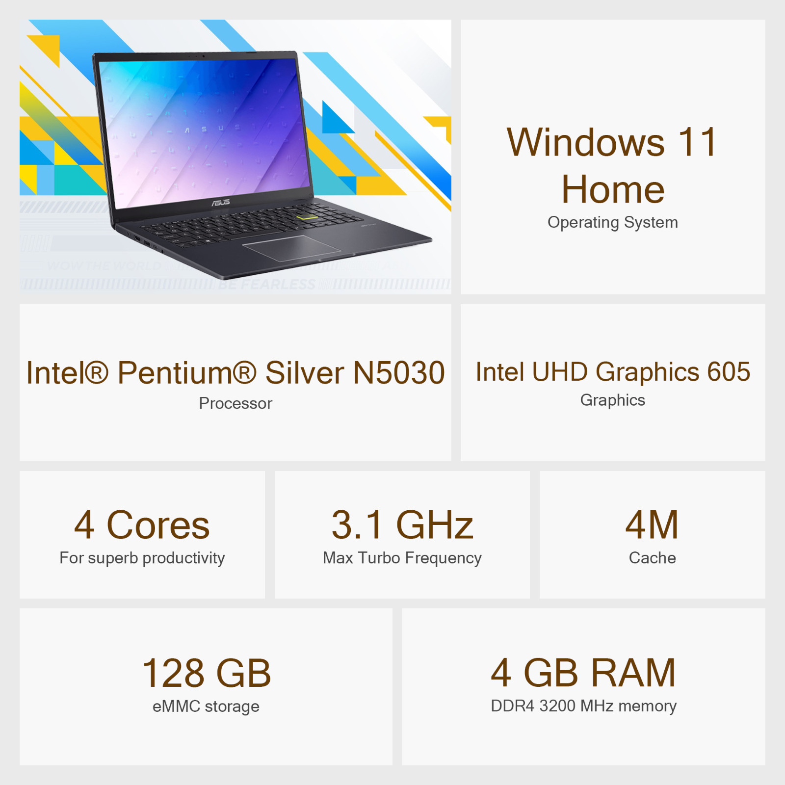 ASUS 15.6″ FHD Laptop Intel Silver N5030 4GB RAM&128GB Storage 1-Y Microsoft 365