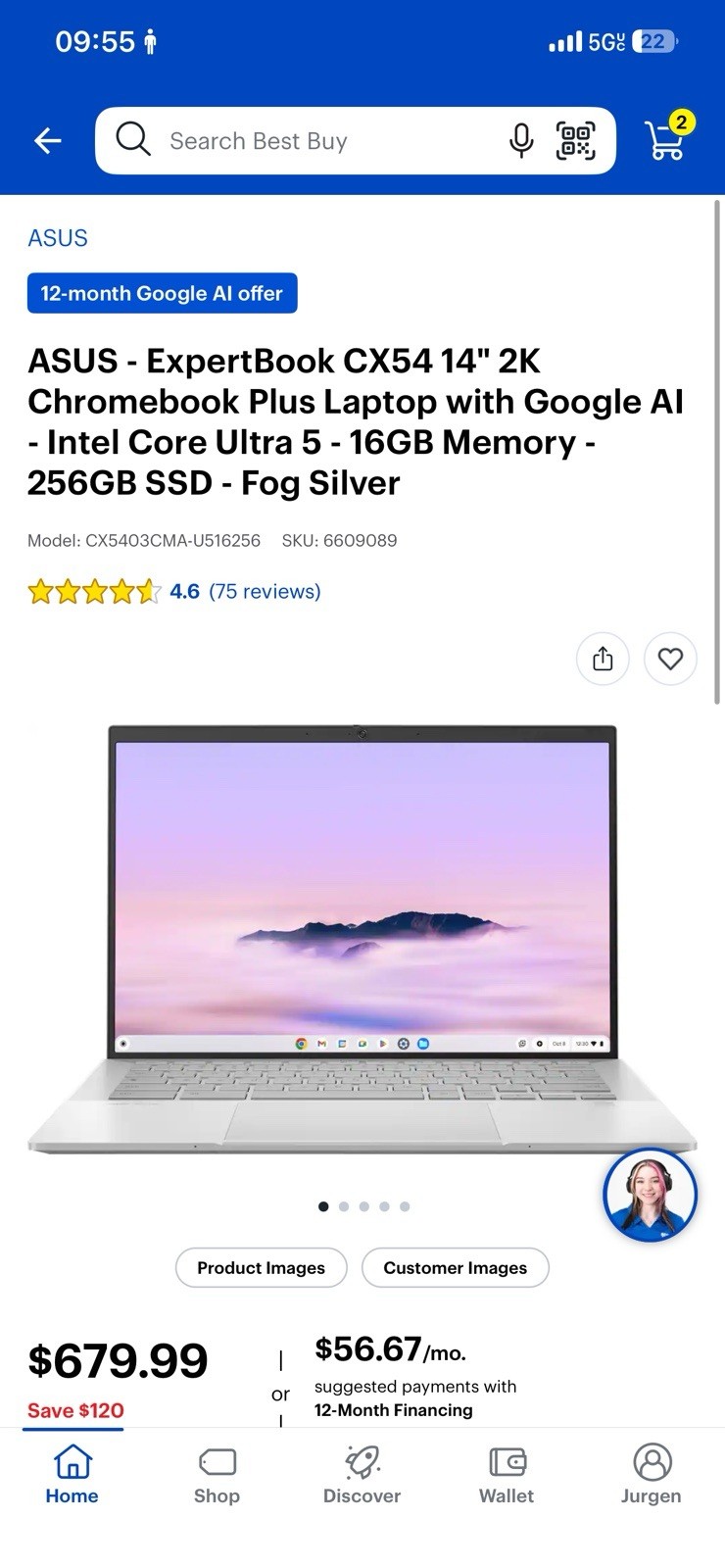 ASUS – ExpertBook CX54 14″ 2K Chromebook Plus Laptop with Google AI