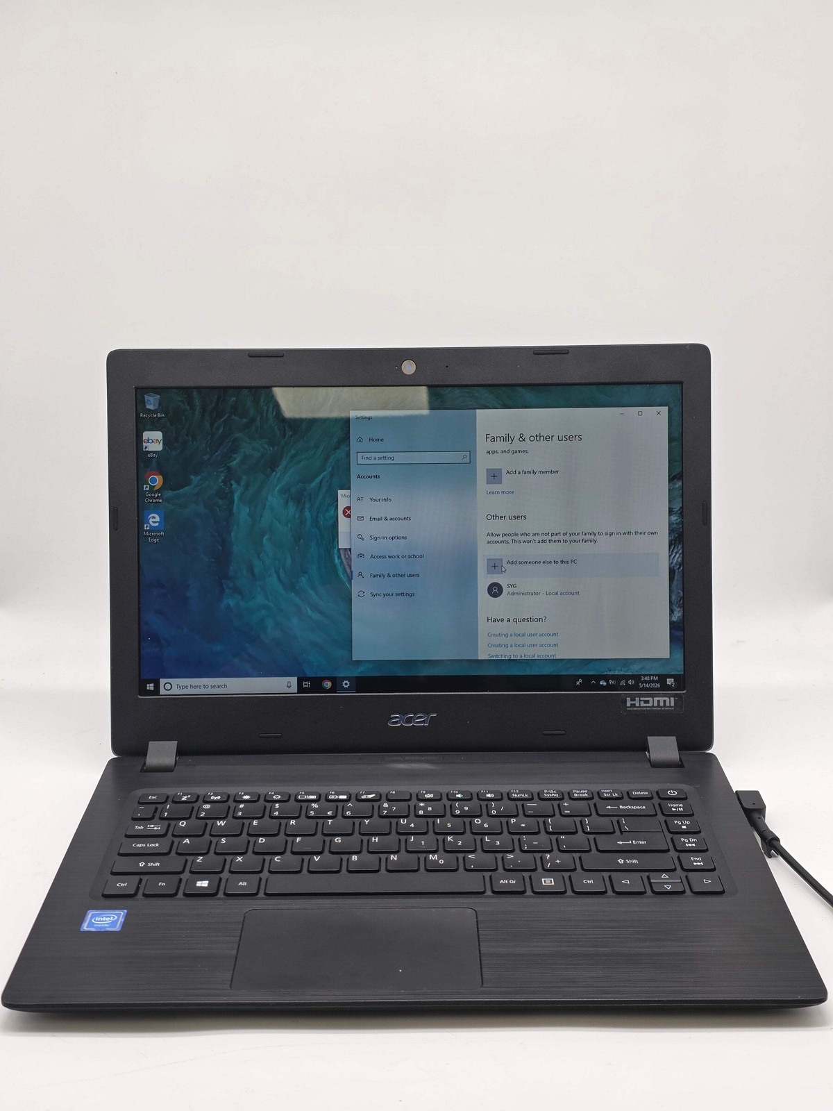 Acer Aspire 1 14″ Celeron N4000 4GB 64GB SSD Laptop Parts Only (Bad Battery)