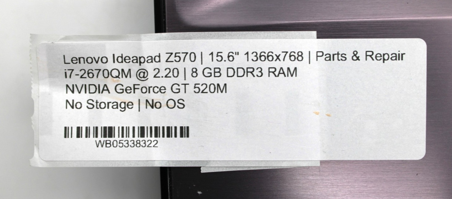 Lenovo IdeaPad Z570 i7-2670QM@2.20GHz 8GB DDR3 NO STORAGE OR OS *USED/TESTED*