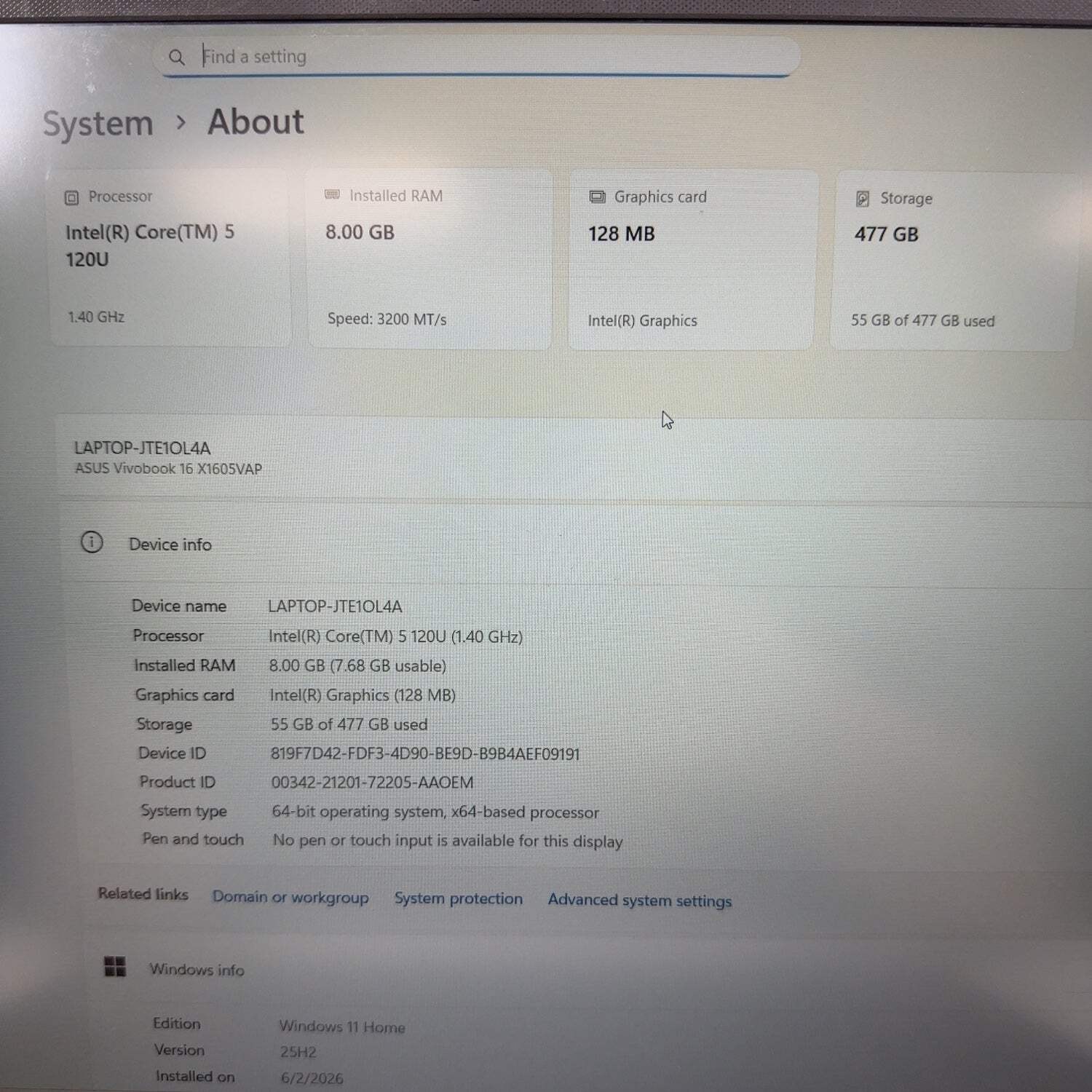Asus Vivobook 16 F1605V 16″ Core 5 210H 1.4GHz 8GB RAM 512GB SSD