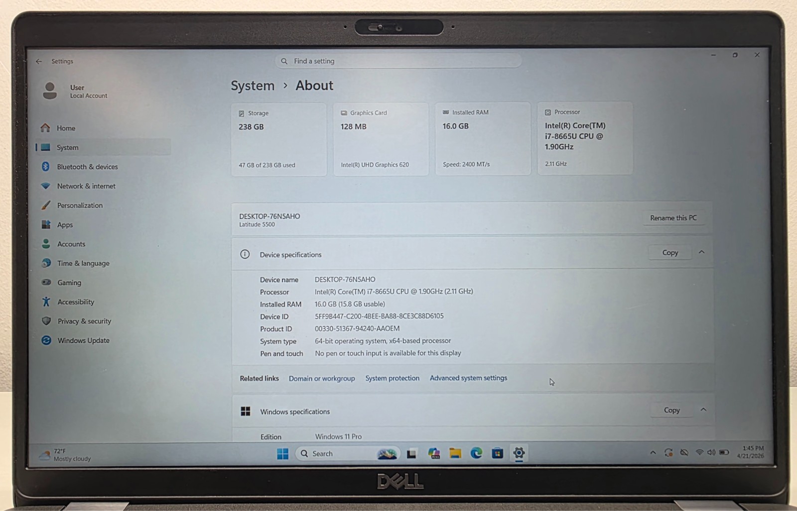 Dell Latitude 5500 15.6″ i7-8665U 1.90GHz 16GB RAM 256GB SSD Windows 11 Pro