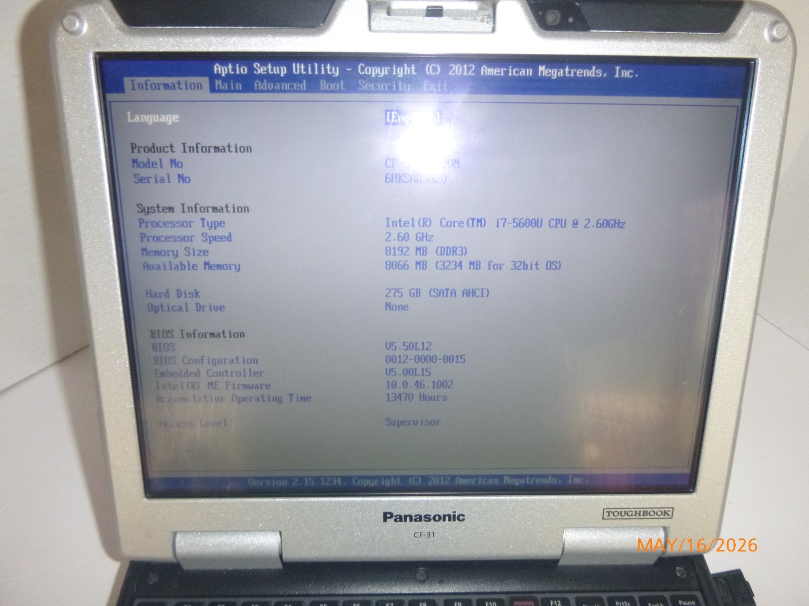 Panasonic Toughbook i7 5600M 2.6GHz 8GB 275GB – Win 11 Pro -MK5 – CF-3113-02VM