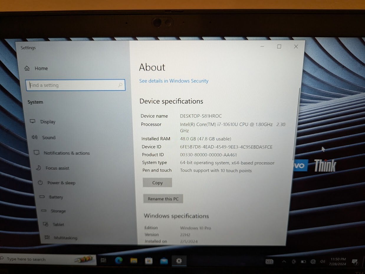 Lenovo T14 G1 i7-10610U 48GB RAM/500 GB SSD – Win 10 Pro TOUCHSCREEN Dec 24 WTY