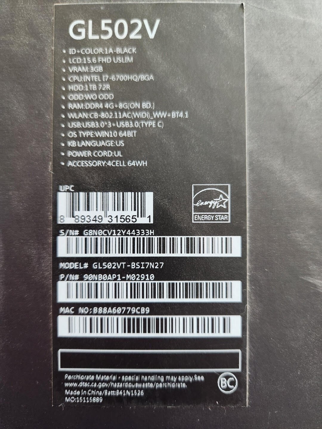 Asus GL502V i7 6th Gen 2.6GHz. 12GB Ram, 1Tb SSD, NVIDIA 970M, Windows 10